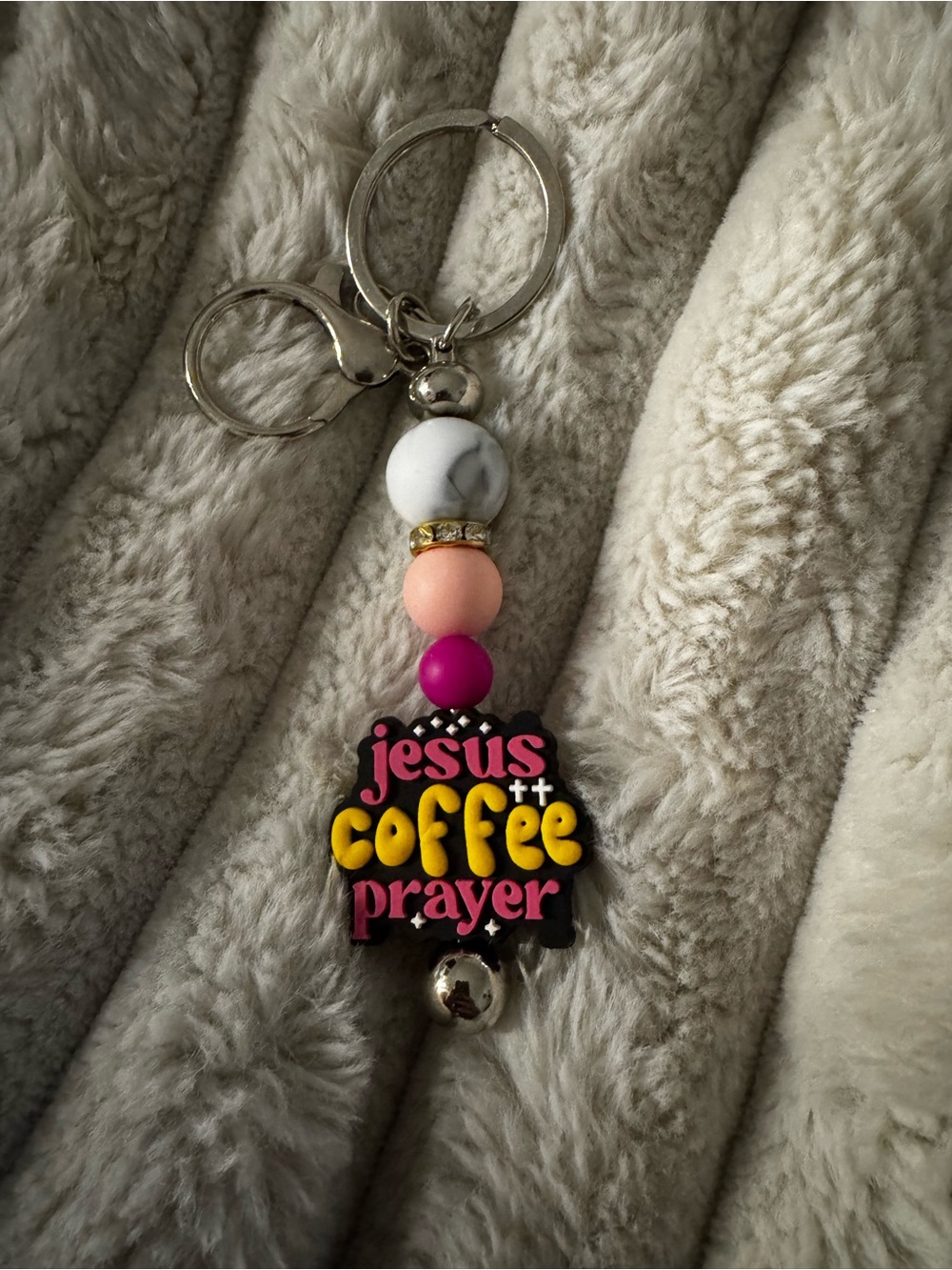 Pink & Yellow 'Jesus Coffee Prayer' Beaded Keychain